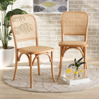 Baxton Studio B29-Natural Wood-Beechwood/Rattan-DC Neah Mid-Century Modern Brown Woven Rattan and Wood 2-Piece Cane Dining Chair Set 